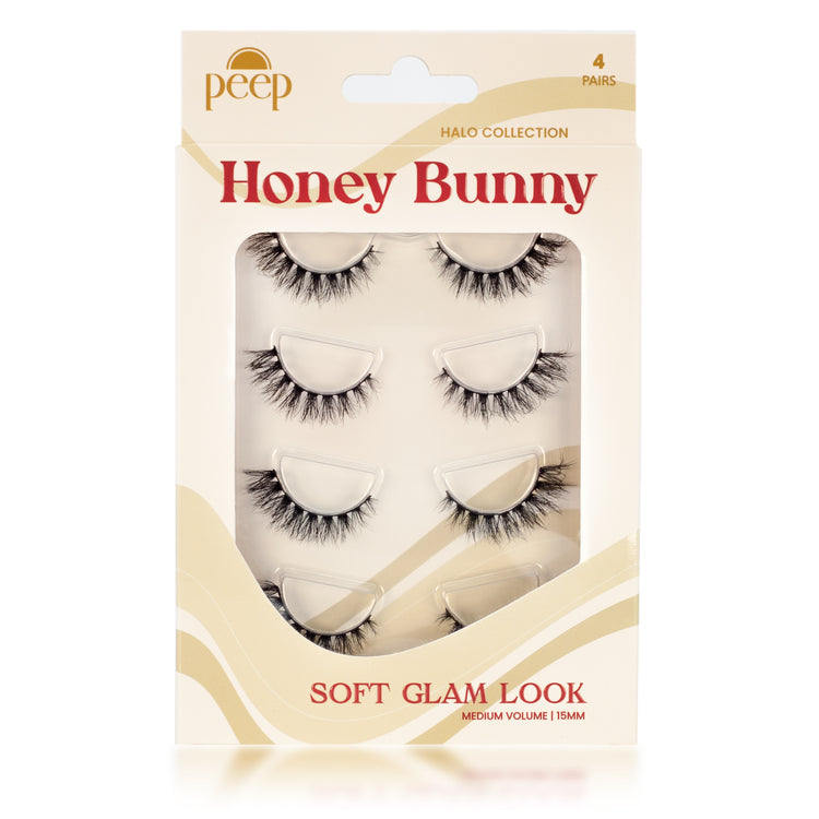 Honey Bunny lashes from Peep's Halo Collection, featuring four pairs for a soft glam look, medium volume, and natural D Curl.