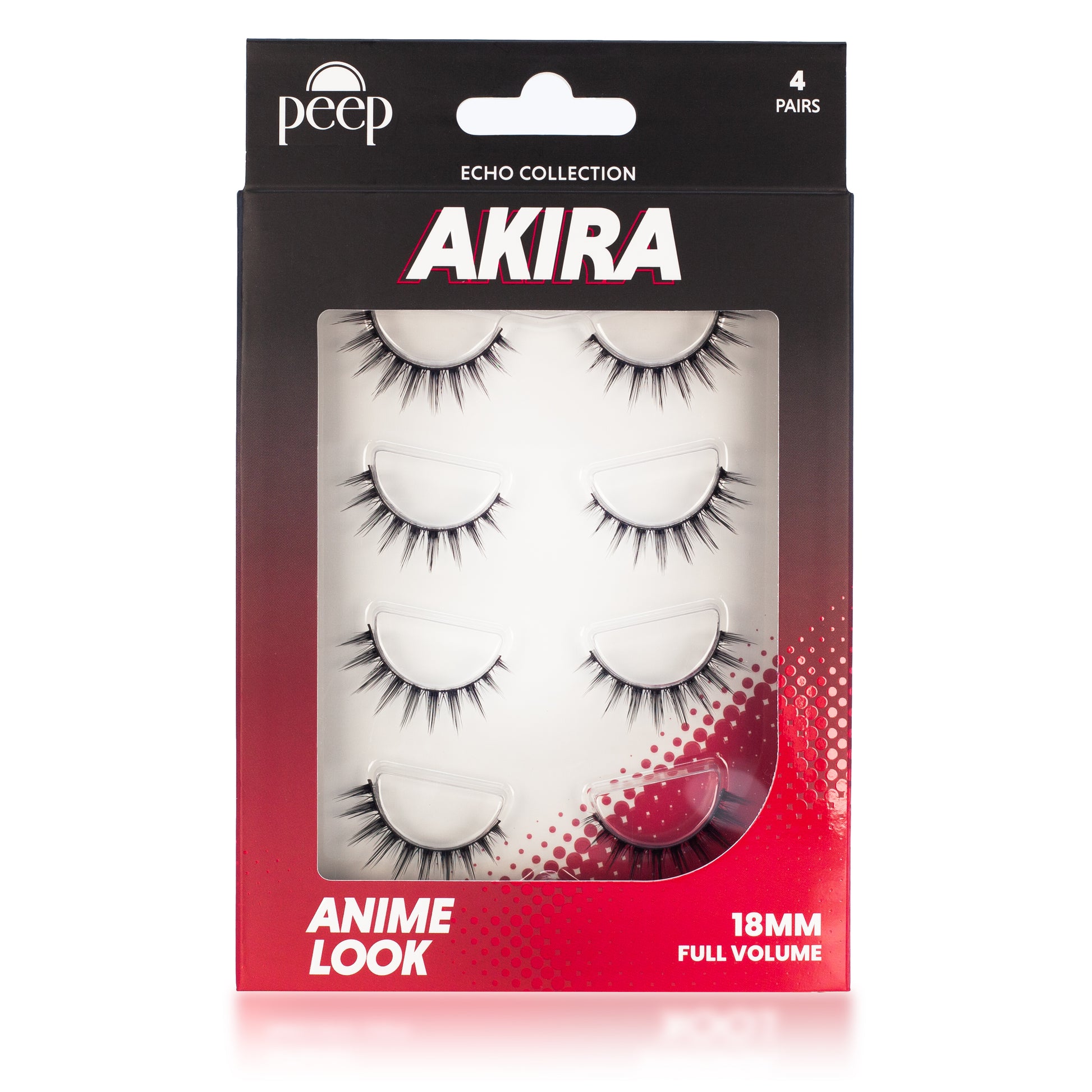 The Peep Akira lash box displaying 4 pairs of premium strip lashes. 