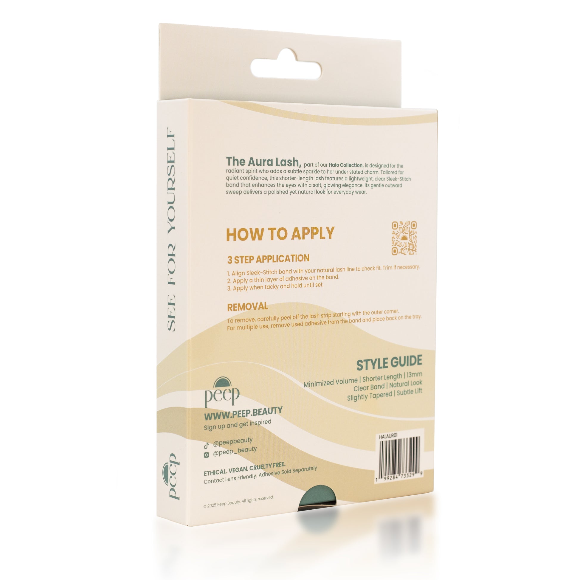 The back of the Peep Aura box showing a style guide and product description. 