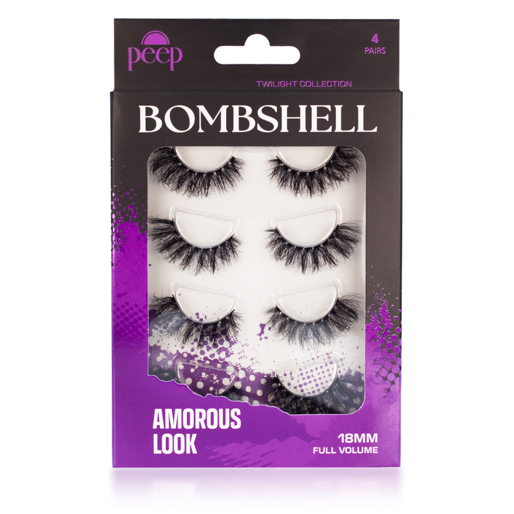 Bombshell lashes from Twilight Collection, Amorous Look, full-volume design, 4 pairs for captivating eyes.