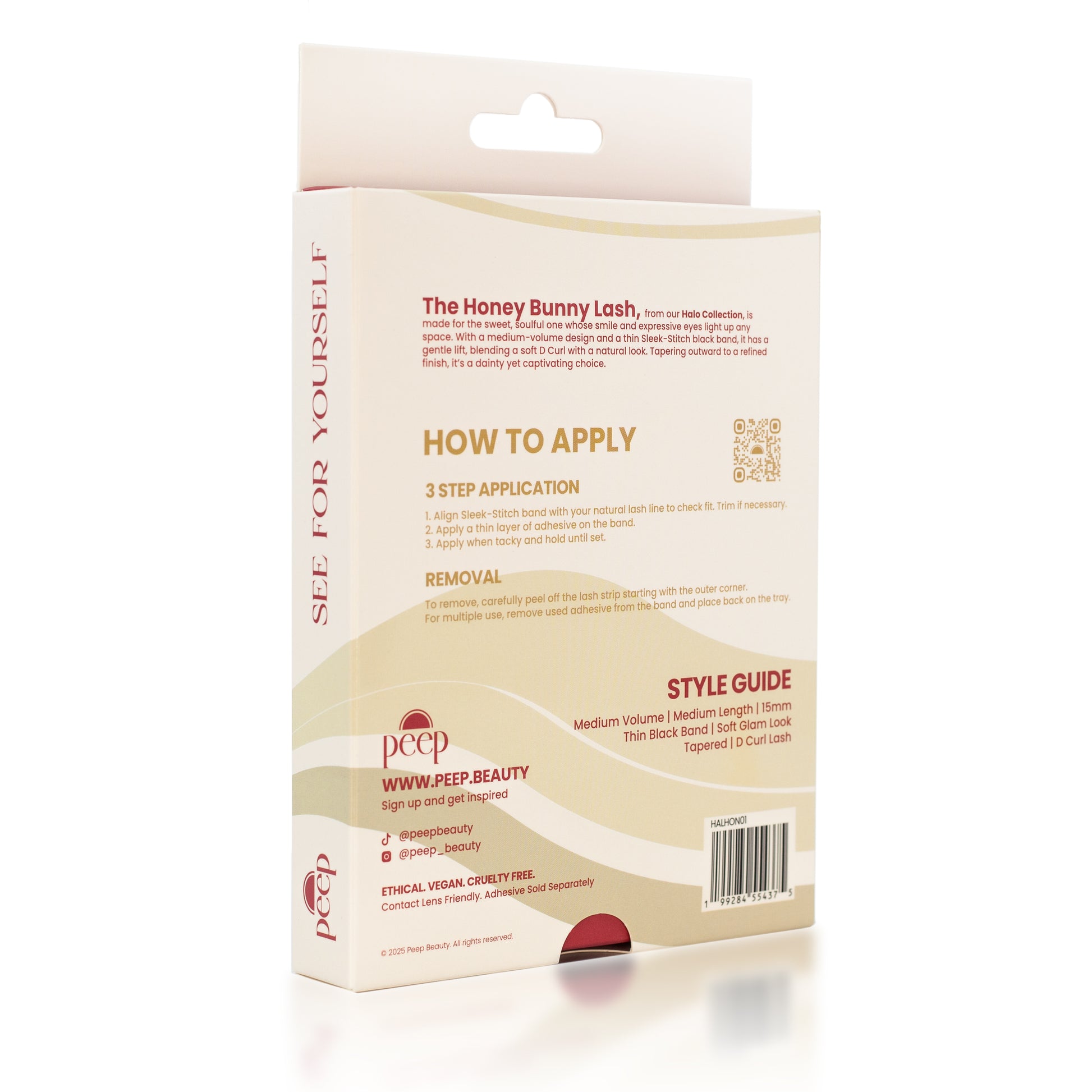 Back of Honey Bunny Lash packaging showing application steps and style guide details.