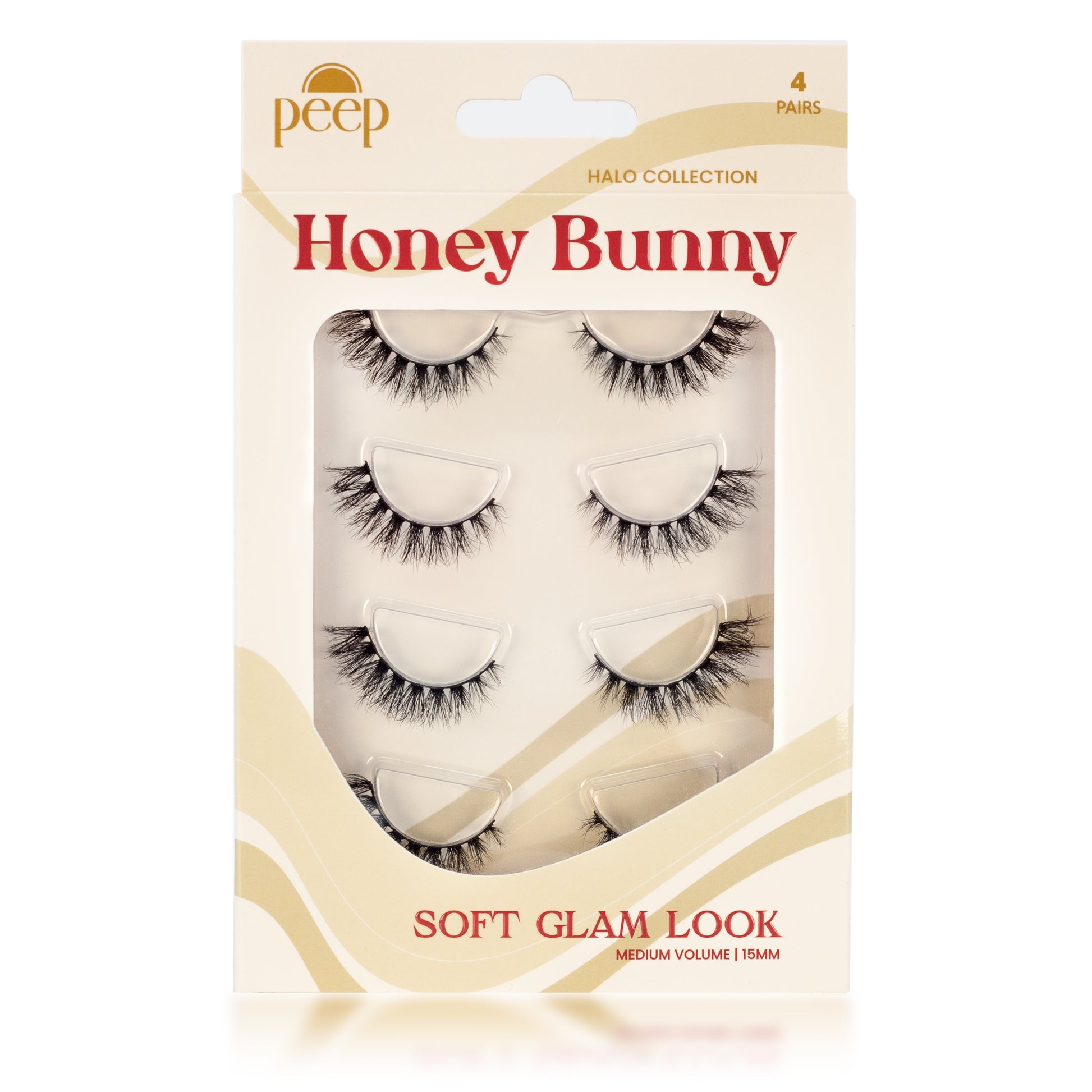 Honey Bunny lashes from Peep's Halo Collection, featuring four pairs for a soft glam look, medium volume, and natural D Curl.