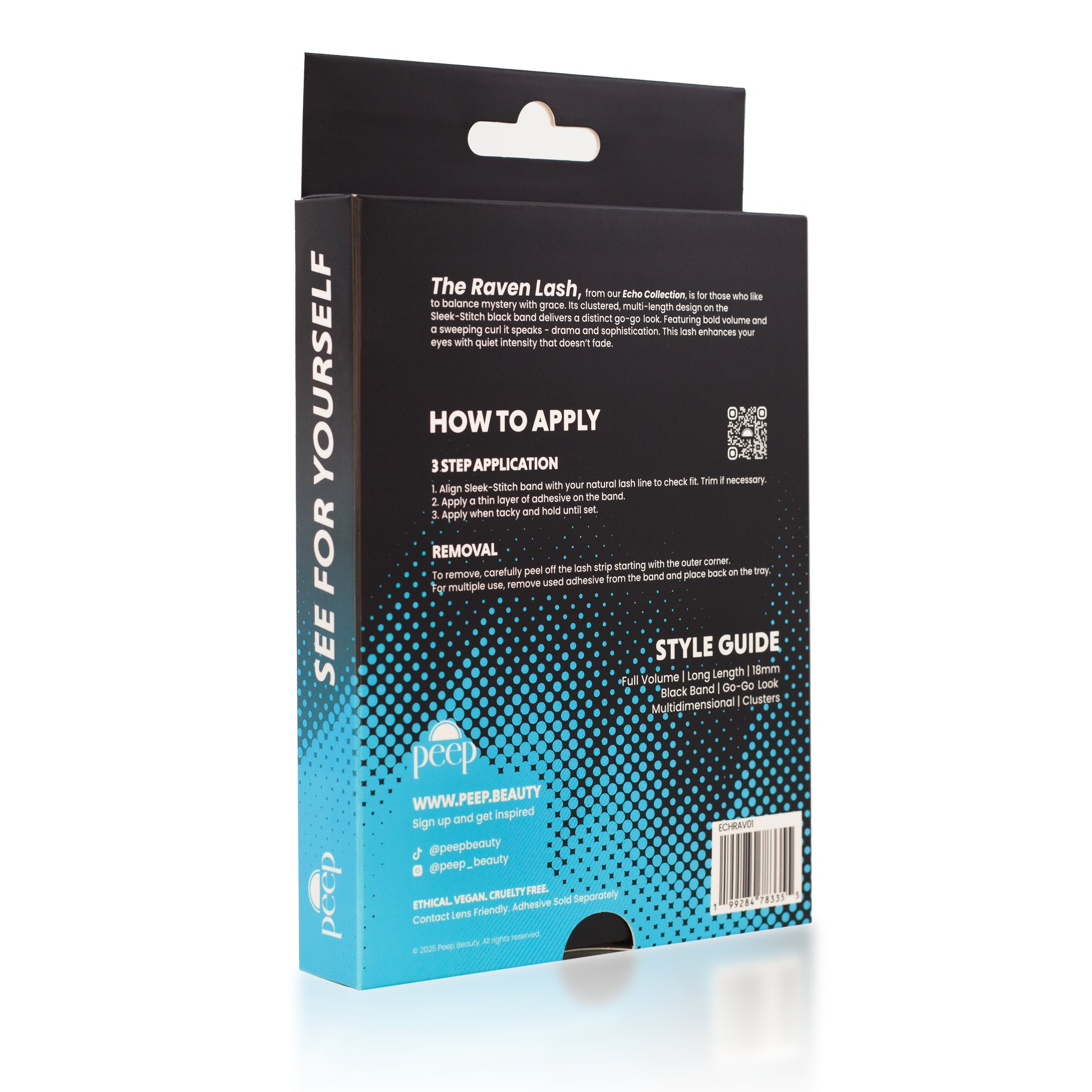 Back of the Raven Lash packaging showing application instructions, style guide, and brand information.
