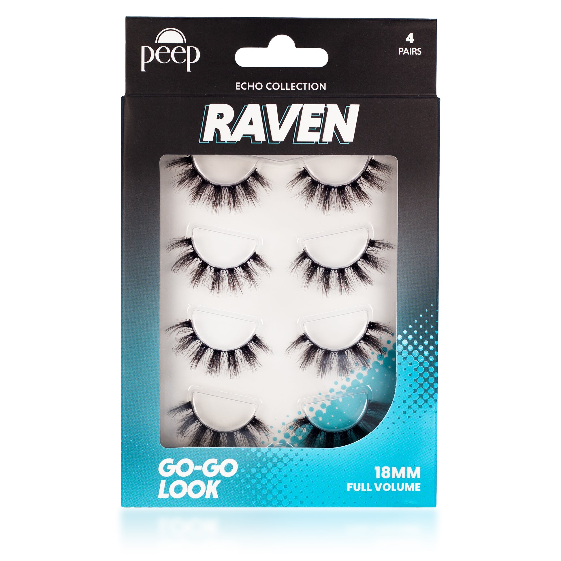 Raven lash set featuring 4 pairs of full volume, multi-length lashes in a stylish packaging for a bold go-go look.
